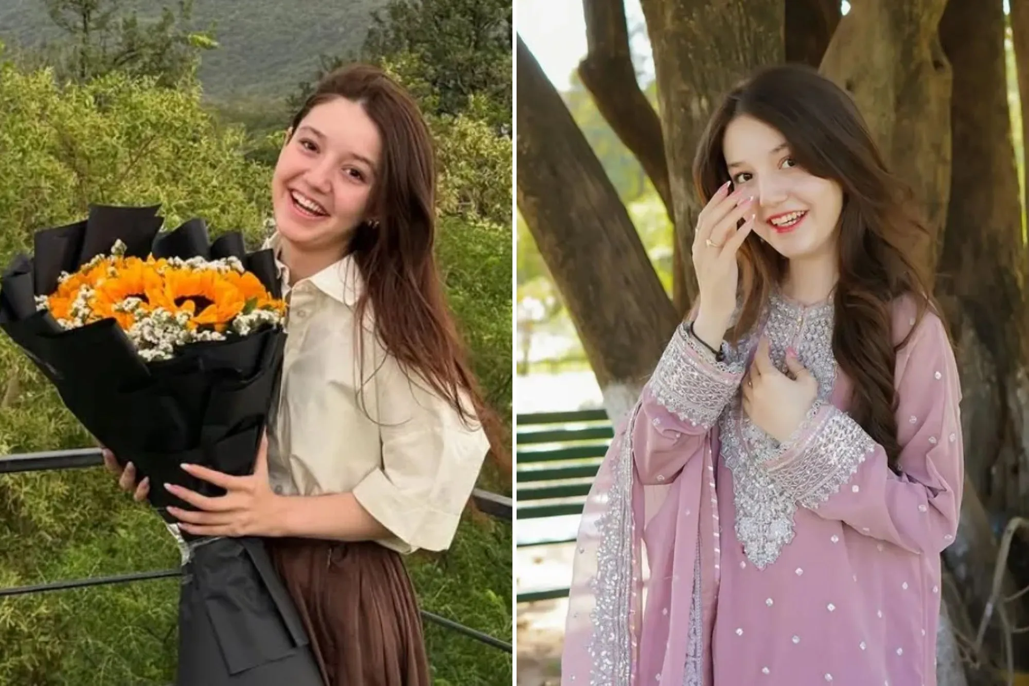 An image collage containing 2 images, Image 1 shows Sana Yousaf smiling while holding a bouquet of sunflowers, Image 2 shows Sana Yousaf, a teen TikTok star, posing for a picture