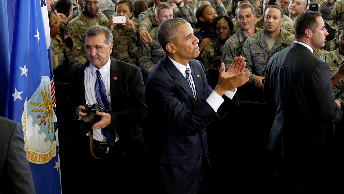 U.S. President Barack Obama applauding active military personnel at MacDill Air Force Base in Tampa, Florida