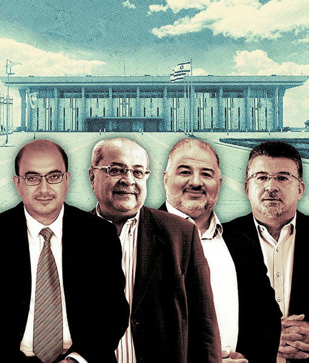 The Arab party chiefs: Sami Abu Shehadeh, left, Ahmad Tibi, Mansour Abbas and Yousef Jabareen. Credit: Olivier Fitoussi; Ori Loven/GPO; Naama Grynbaum; Emil Salman; Artwork: Nadav Gazit The Arab party chiefs: Sami Abu Shehadeh, left, Ahmad Tibi, Mansour Abbas and Yousef Jabareen.