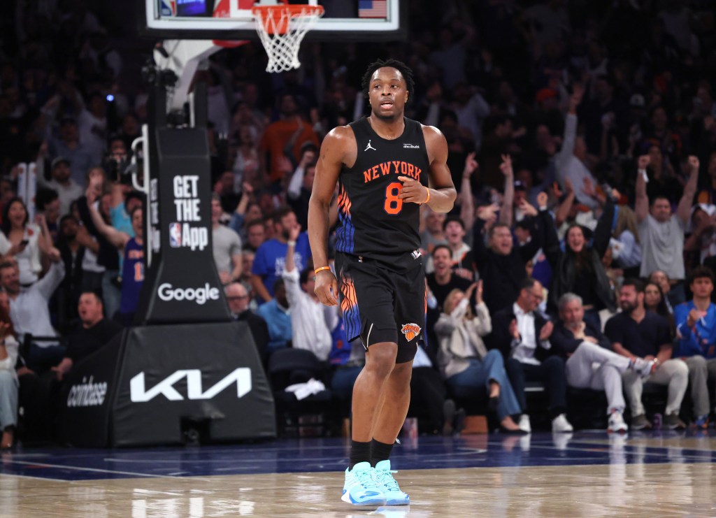 New York Knicks forward Og Anunoby #8 after he hits a three-point shot during the third quarter of the Knicks' win over the 76ers on May 6, 2026.
