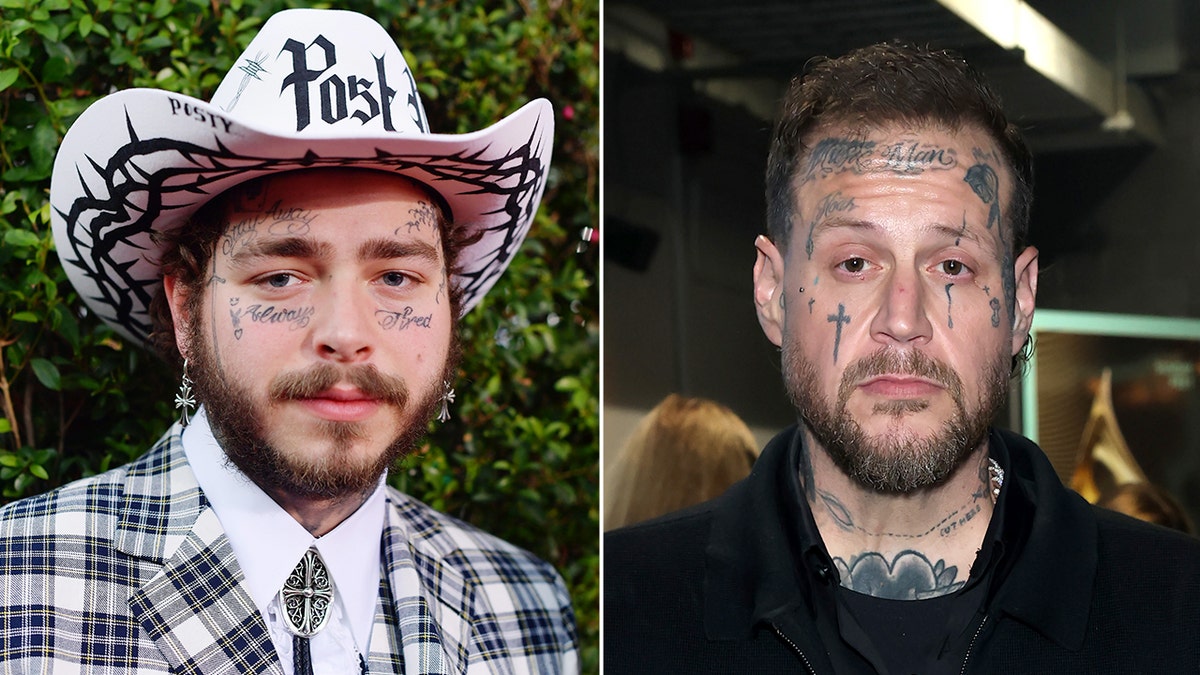 Split photo of Post Malone at the 2019 American Music Awards; Jelly Roll at the 68th GRAMMY Awards, both attending red carpet events in Los Angeles.