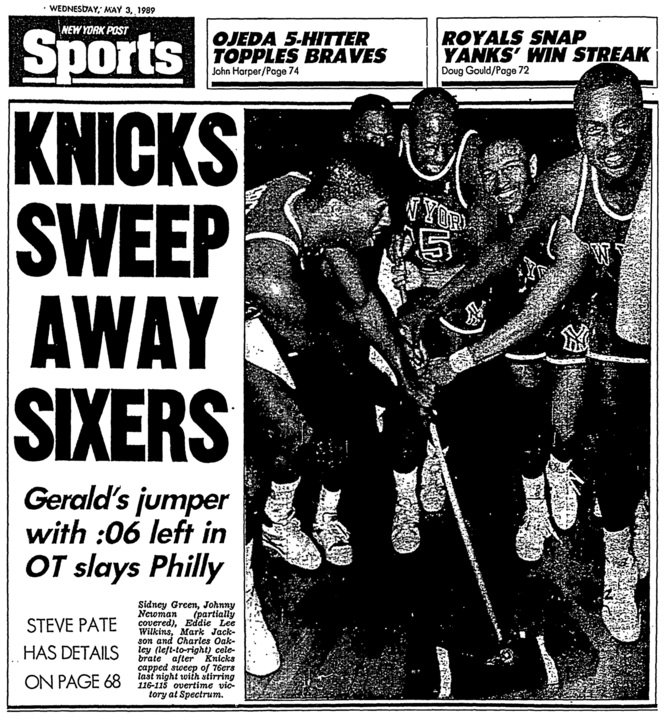 The 1989 New York Post cover display of when the Knicks swept the 76ers in the playoffs in 1989.