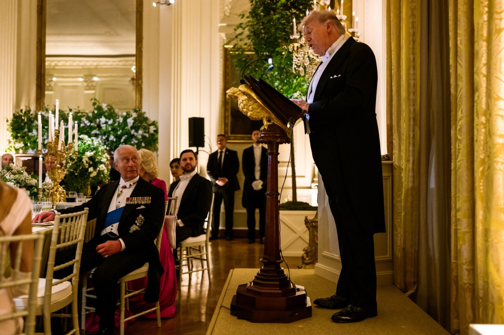 President Donald J. Trump delivers remarks during a State Dinner for King Charles III and Queen Camilla of the United Kingdom, Tuesday, April 28, 2026, in the East Room of the White House. (Official White House Photo by Daniel Torok)
