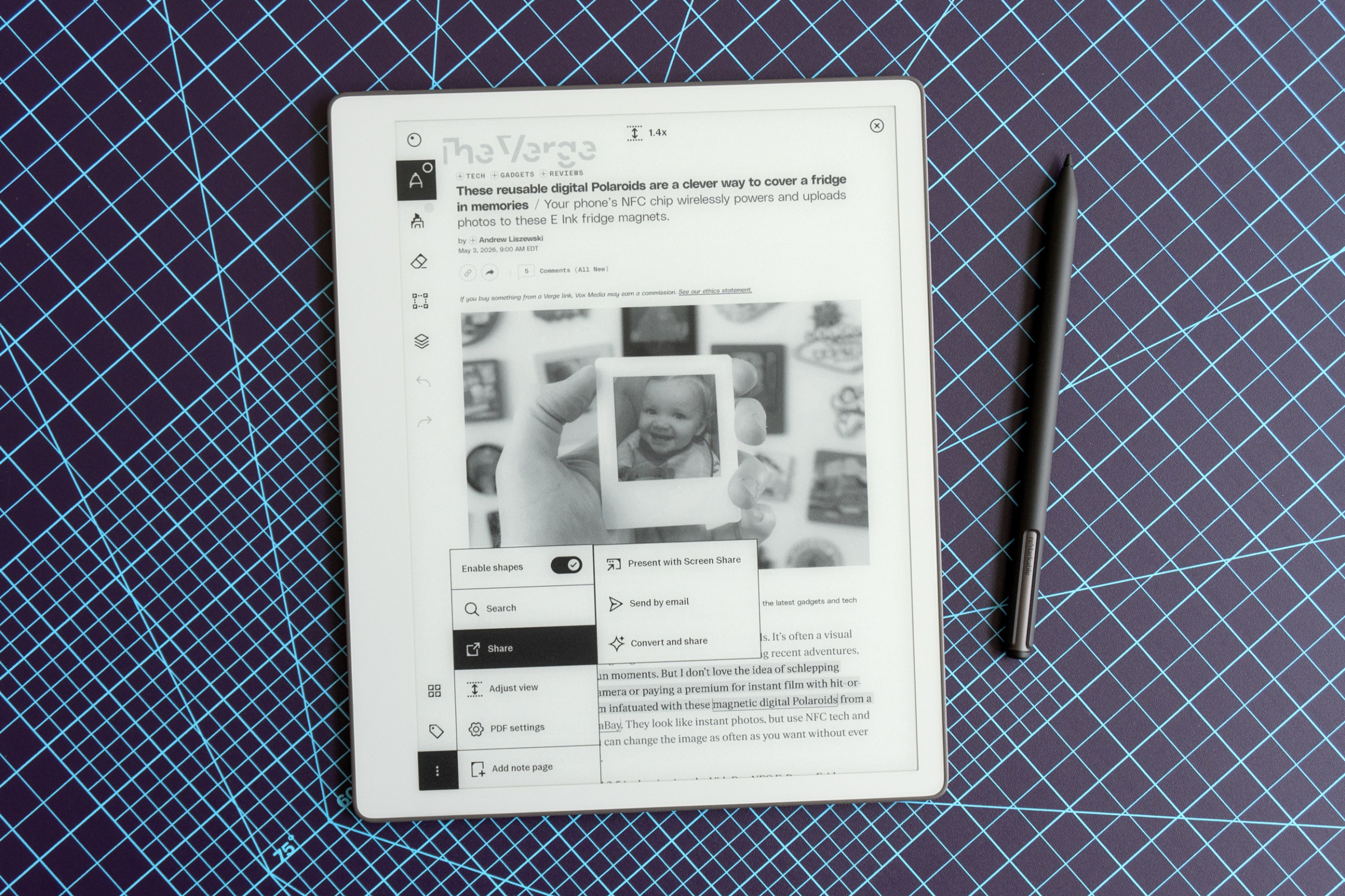 A website converted to a PDF shown on the Remarkable Paper Pure’s screen.