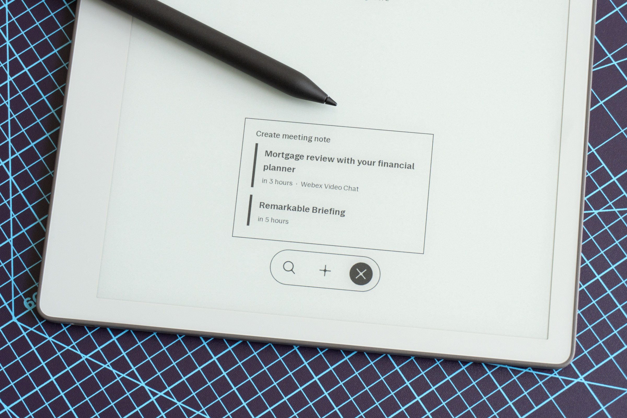 A menu on the Remarkable Paper Pure’s screen listing upcoming meetings.