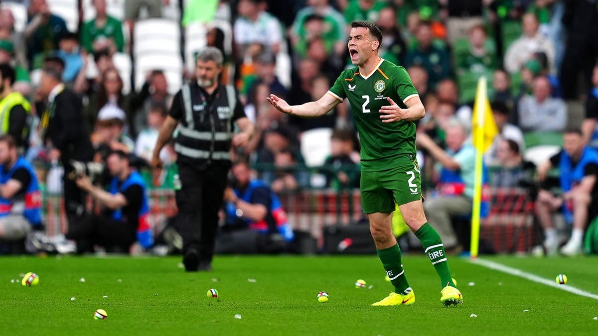 Republic of Ireland's Seamus Coleman reacting on the pitch at Aviva Stadium