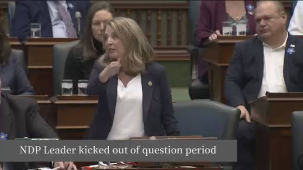 Click to play video: 'Ontario NDP leader Marit Stiles calls Ford government ‘corrupt,’ gets expelled from legislature'