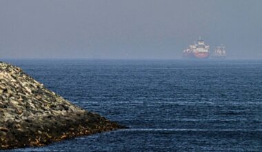 Cargo ships are seen at sea near the Strait of Hormuz, as viewed from a rocky shoreline near Khor Fakkan, United Arab Emirates, Friday, May 1, 2026. (AP Photo/Fatima Shbair)