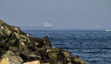 Cargo ships are seen at sea in the Gulf of Oman near the Strait of Hormuz, as viewed from a rocky shoreline near Khor Fakkan, United Arab Emirates, Friday, May 1, 2026. (AP Photo/Fatima Shbair)