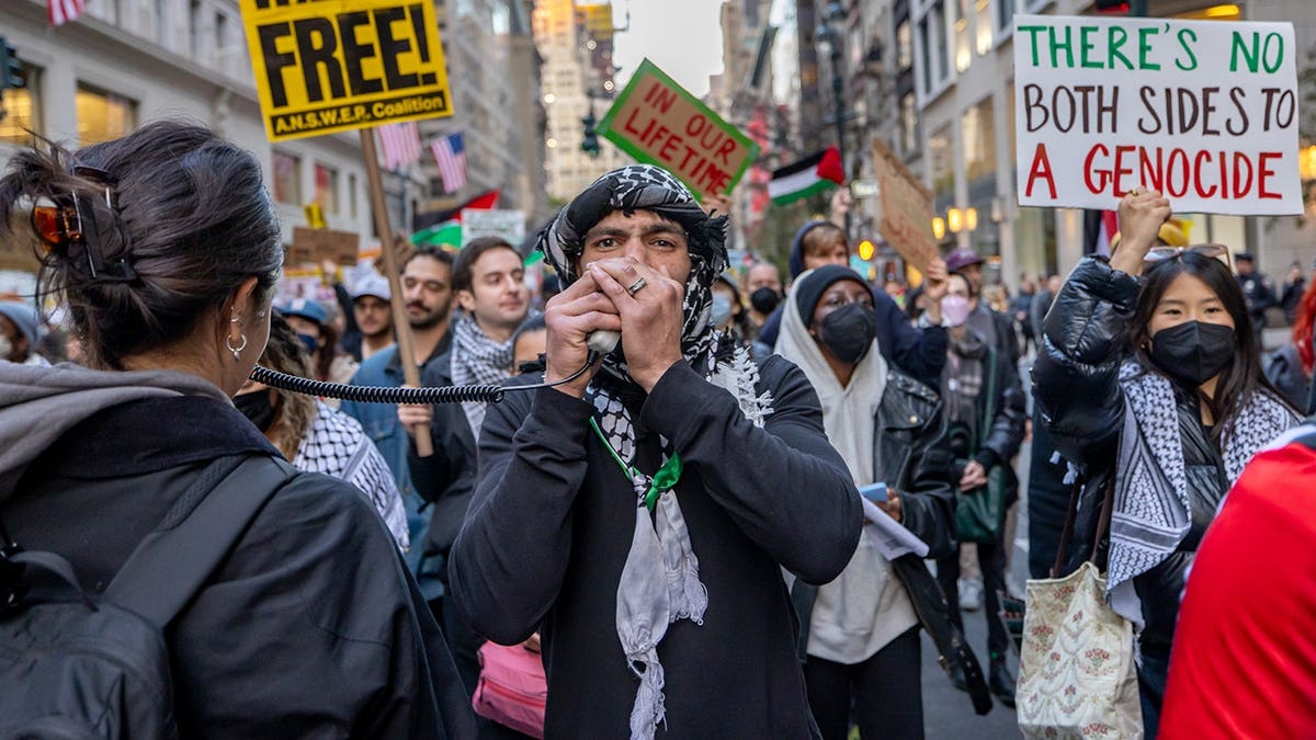 Students and teachers marching in Midtown Manhattan during an anti-Israel protest