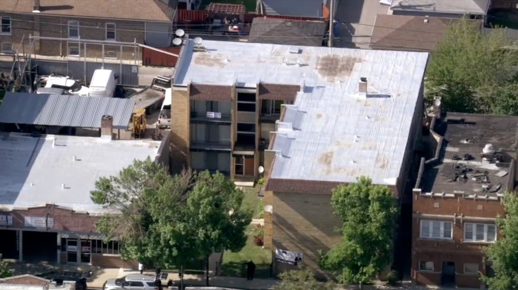 Aerial view of the building where a fatal stabbing occurred in Gage Park, Chicago.