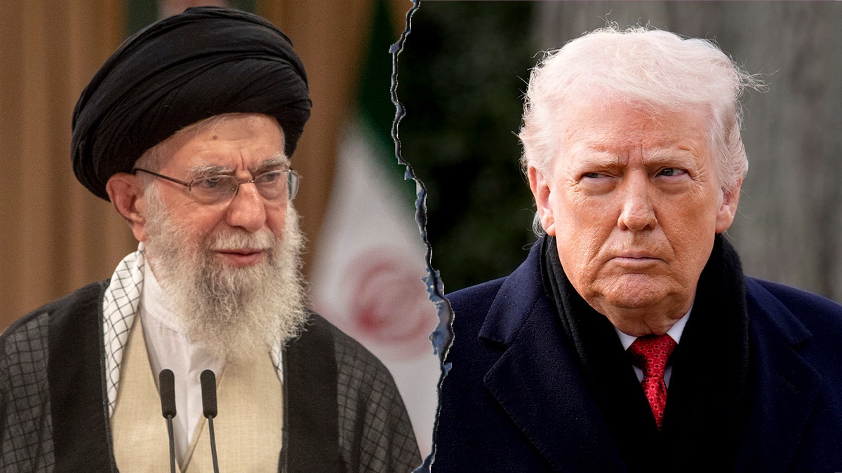 President Donald Trump speaking with a split image of Ayatollah Ali Khamenei