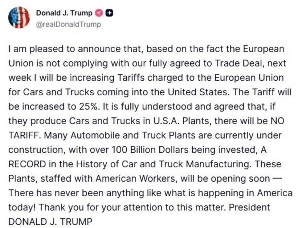 President Donald Trump on May 1, 2026 said he will hike US tariffs on cars and trucks from the European Union.