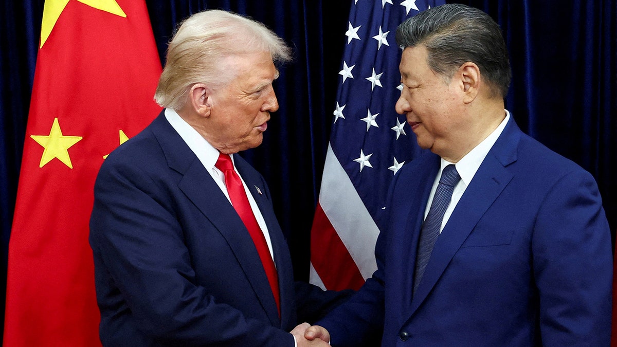 President Donald Trump shaking hands with Chinese President Xi Jinping at Gimhae International Airport