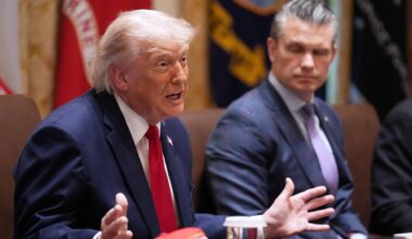 President Donald Trump speaks during a Cabinet meeting at the White House, Wednesday, May 27, 2026, in Washington, as Secretary of Defense Pete Hegseth, looks on. (AP Photo/Jacquelyn Martin)