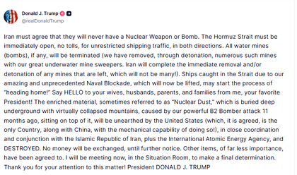 Screenshot taken from U.S. President Donald Trump's post on Truth Social, on Friday.