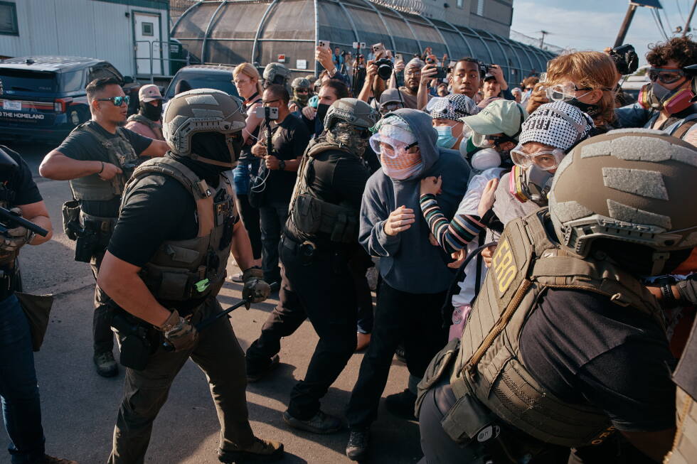 Photos show protestors and ICE agents clashing outside a New Jersey detention center - AP News