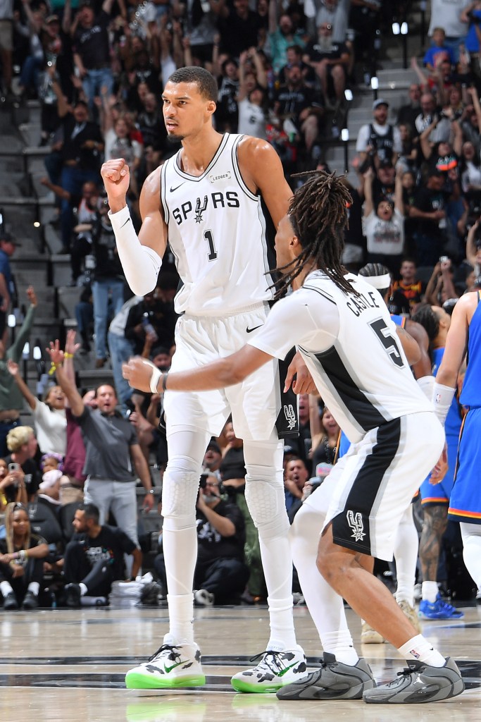 Victor Wembanyama of the San Antonio Spurs celebrates in a game against the Oklahoma City Thunder.