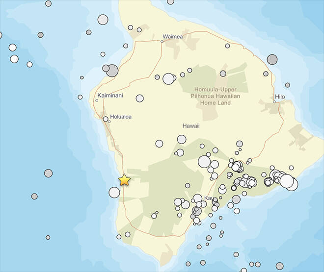 COURTESY USGS
The star on this U.S. Geological Survey map shows the location of the magnitude 6.0 earthquake on the western flank of Hawaii island tonight.
