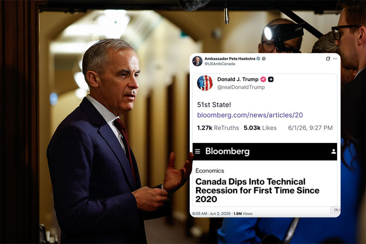 A photo of Mark Carney speaking to the press is overlaid with a screenshot of the U.S. ambassador to Canada re-sharing a Truth Social Post by Donald Trump calling Canada the 