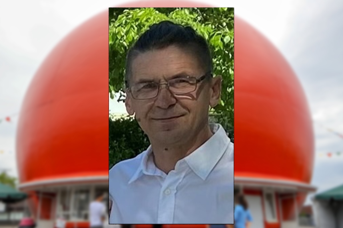 A photo of a man layered on top of an image of the iconic Orange Julep in Montreal.