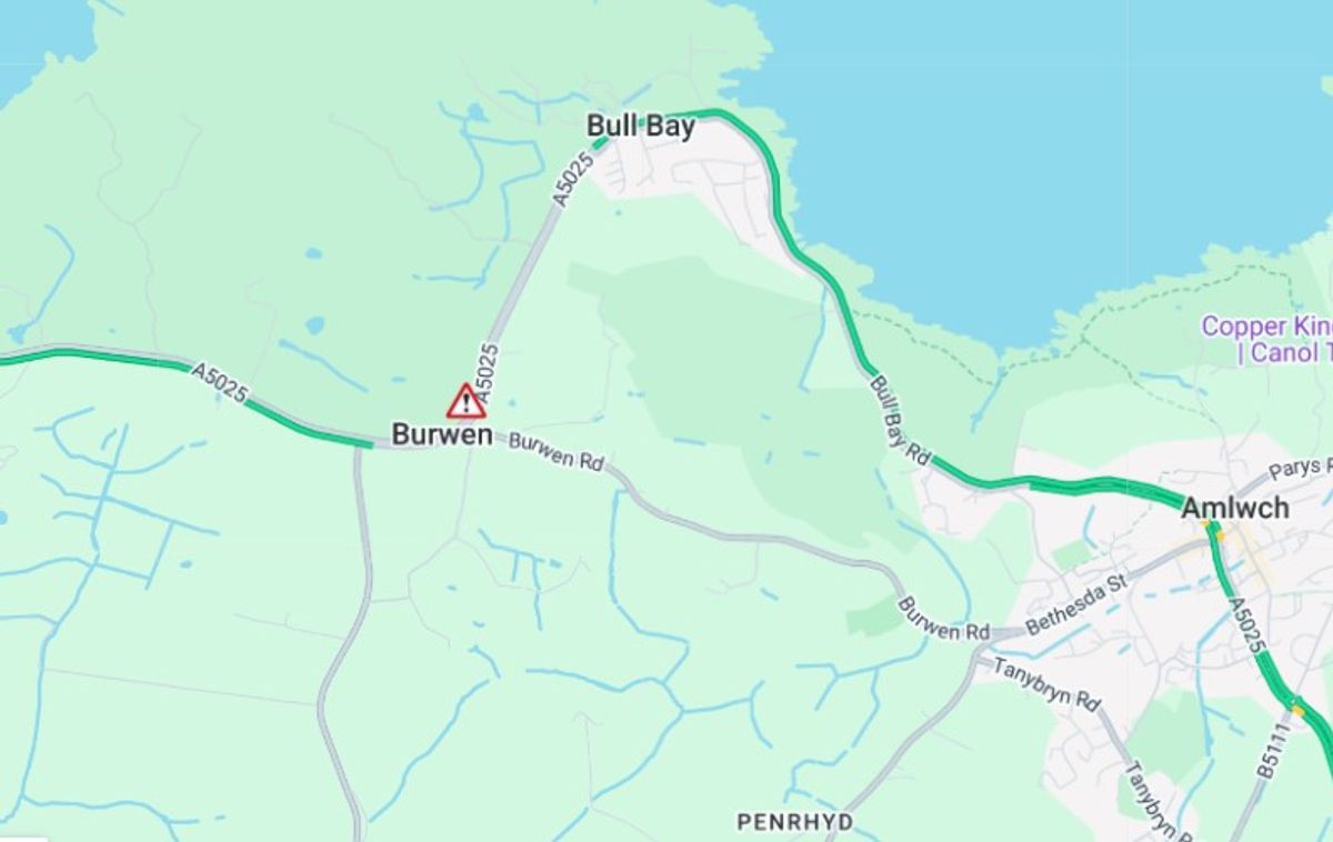 Location of the crash on the A5025 on Anglesey