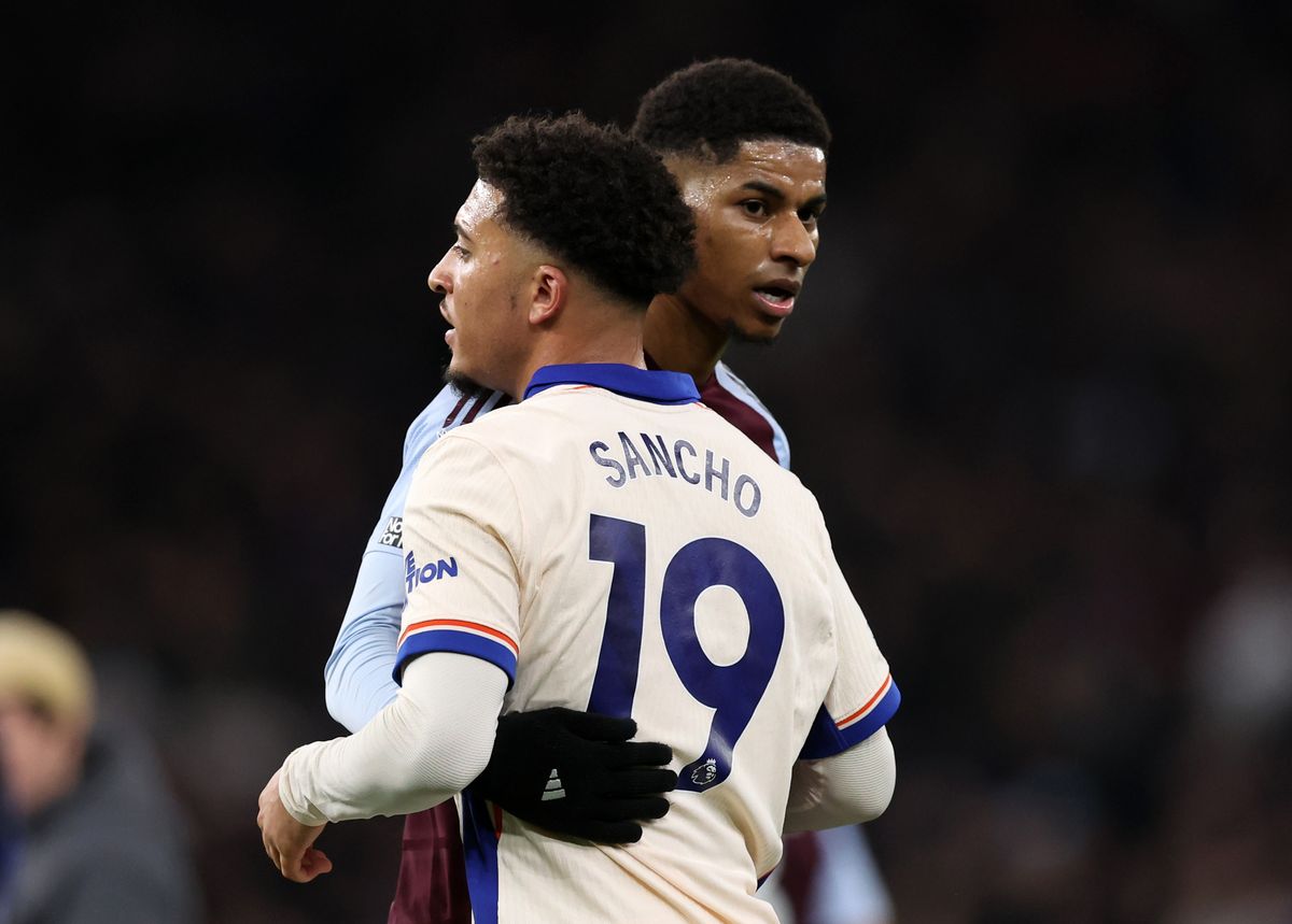 Marcus Rashford and Jadon Sancho embrace during their respective stints at Aston Villa and Chelsea