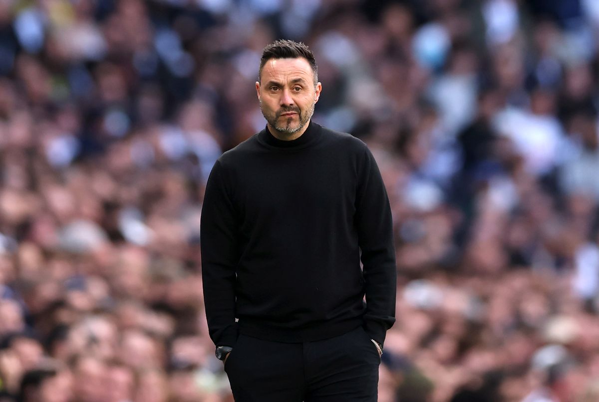 Roberto De Zerbi, Manager of Tottenham Hotspur, looks on during the Premier League match between Tottenham Hotspur and Brighton & Hove Albion at Tottenham Hotspur Stadium on April 18, 2026 in London, England