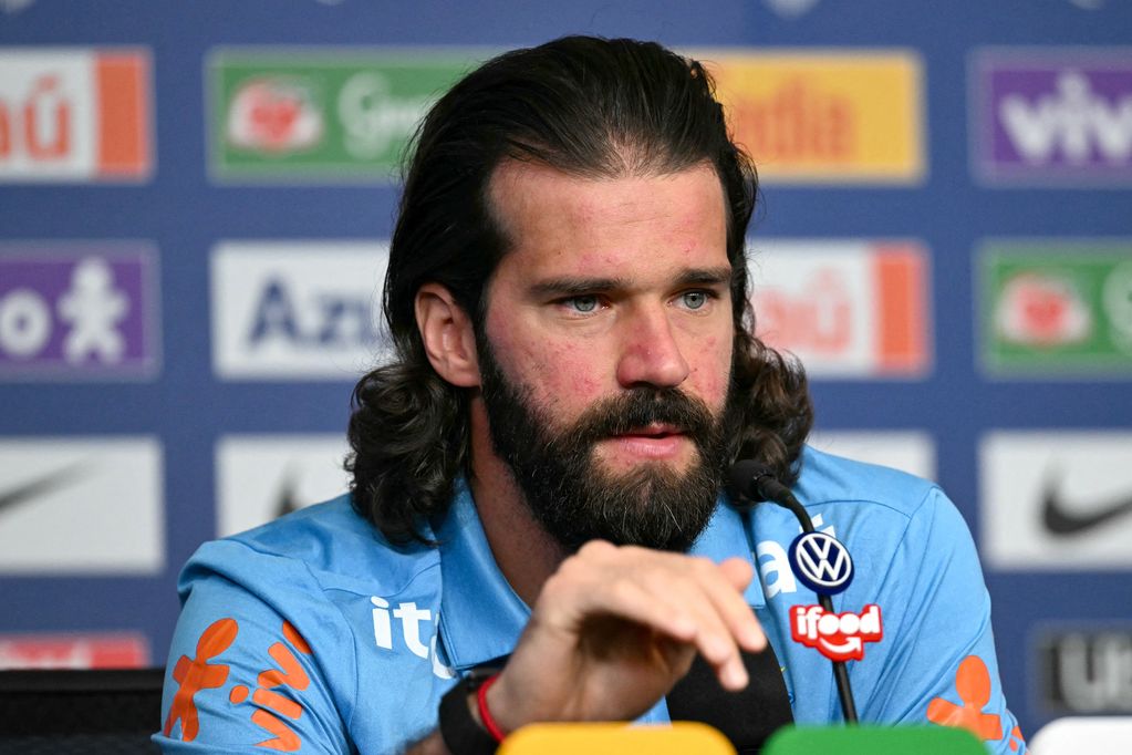 Liverpool and Brazil goalkeeper Alisson Becker during a press conference.