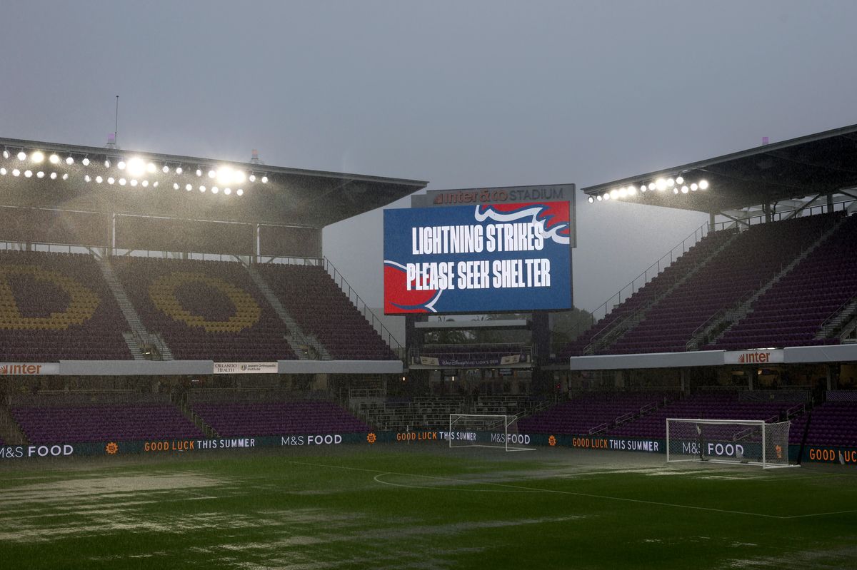 A warning for lightning strikes appears on the big screen as heavy rain falls prior to the International Friendly match between England and Costa Rica