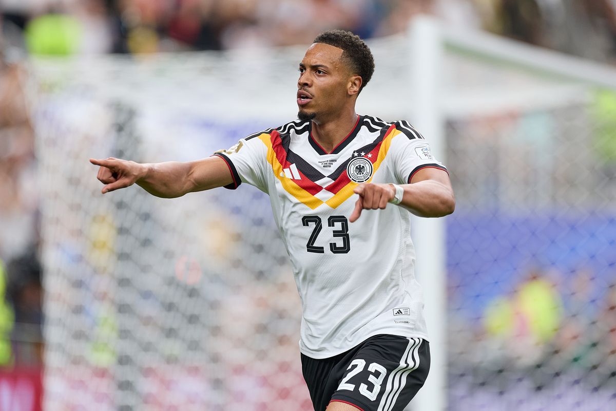 Felix Nmecha celebrates scoring for Germany against Curacao at the World Cup