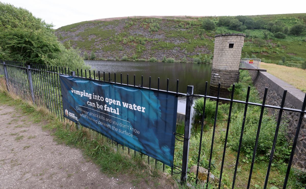 Dangers of open water are displayed at the reservoir