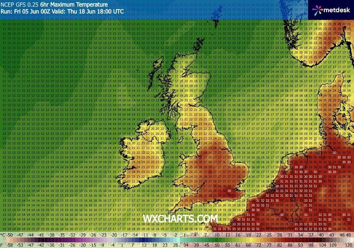 Maximum temperature map for June 18 at 6pm