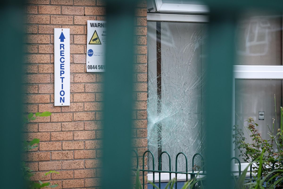 A smashed window at St Marks R C Primary School in Salford