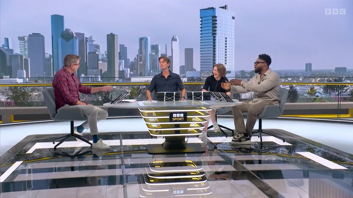Mark Chapman, Thomas Frank, Ellen White and Micah Richards during the BBC's live coverage on Saturday evening