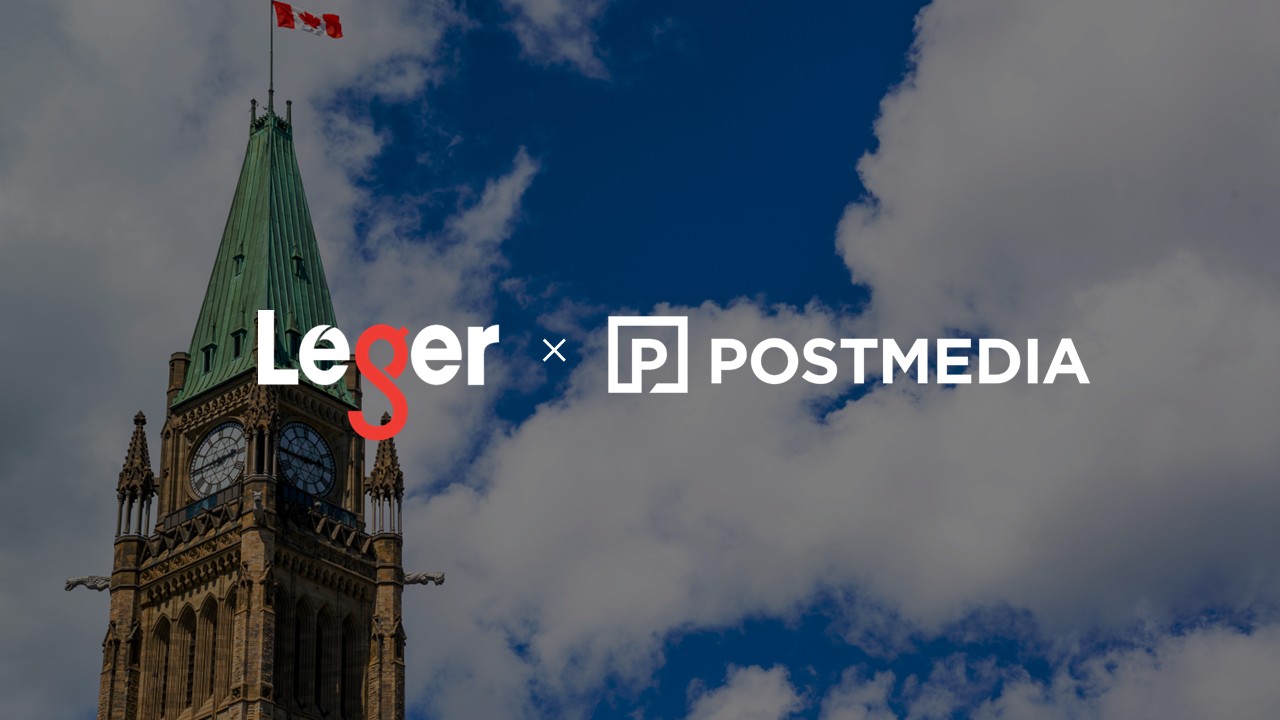 The Leger and Postmedia logos appear side by side over an image of the Peace Tower of Canada’s Parliament in Ottawa.