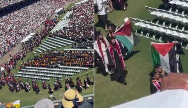 Protest at Stanford University graduation as Google CEO Sundar Pichai takes the stage