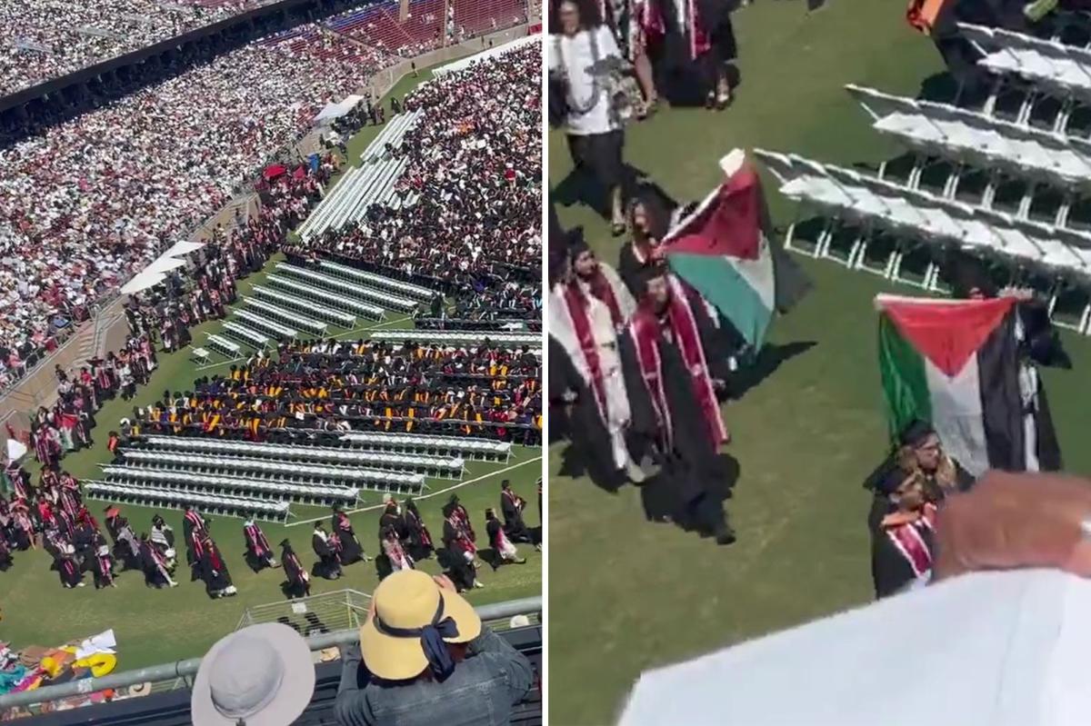 Protest at Stanford University graduation as Google CEO Sundar Pichai takes the stage