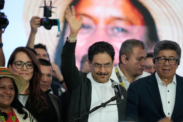 Presidential candidate Ivan Cepeda of the ruling Historic Pact coalition addresses supporters after advancing to a runoff election in second place in Bogota, Colombia, Sunday, May 31, 2026. (AP Photo/Matias Delacroix)