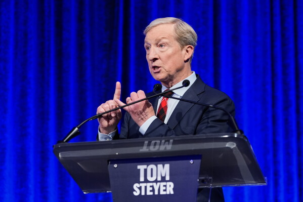 Tom Steyer speaks during a California gubernatorial debate hosted by CBS Bay Area and the San Francisco Examiner in San Francisco, Thursday, May 14, 2026. (AP Photo/Godofredo A. Vásquez, Pool)