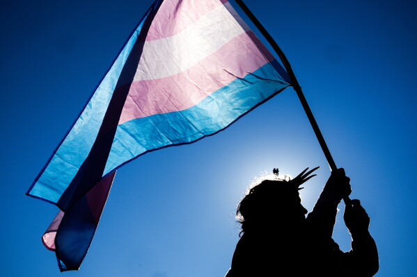A protester dressed as the Statue of Liberty waves a transgender pride flag outside the Supreme Court in Washington, on Jan. 13, 2026, as it hears arguments over state laws barring transgender girls and women from playing on school athletic teams. (AP Photo/Julia Demaree Nikhinson, File)
