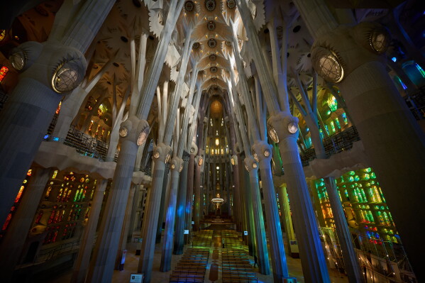 The interior of Antoni Gaudí's iconic Basilica of the Sagrada Familia in Barcelona, Spain, Wednesday, May 20, 2026, ahead of Pope Leo XIV's visit to the city in June. (AP Photo/Emilio Morenatti)