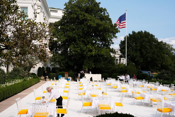 Workers prepare the Rose Garden for a 2025 dinner. (AP Photo/Alex Brandon, File)