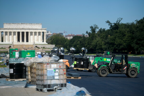 Work continues on the Lincoln Memorial Reflecting Pool, which is covered in a blue protective coating, ahead of the United States 250th anniversary, Thursday, June 4, 2026, in Washington. (AP Photo/Rod Lamkey, Jr.)