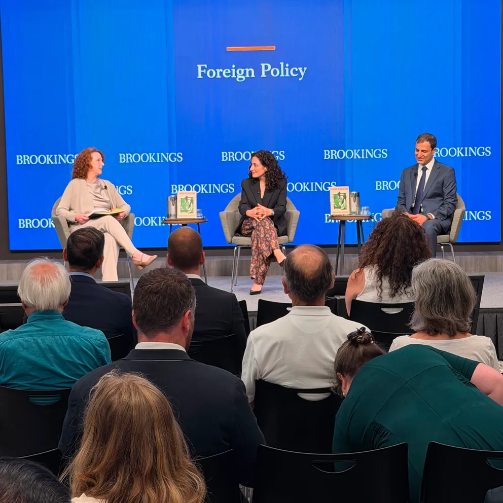 Authors Yeganeh Torbati and Bozorgmehr Sharafedin speak at the Brookings Institution in Washington, DC, on June 3, 2026, in a discussion moderated by Suzanne Maloney.
