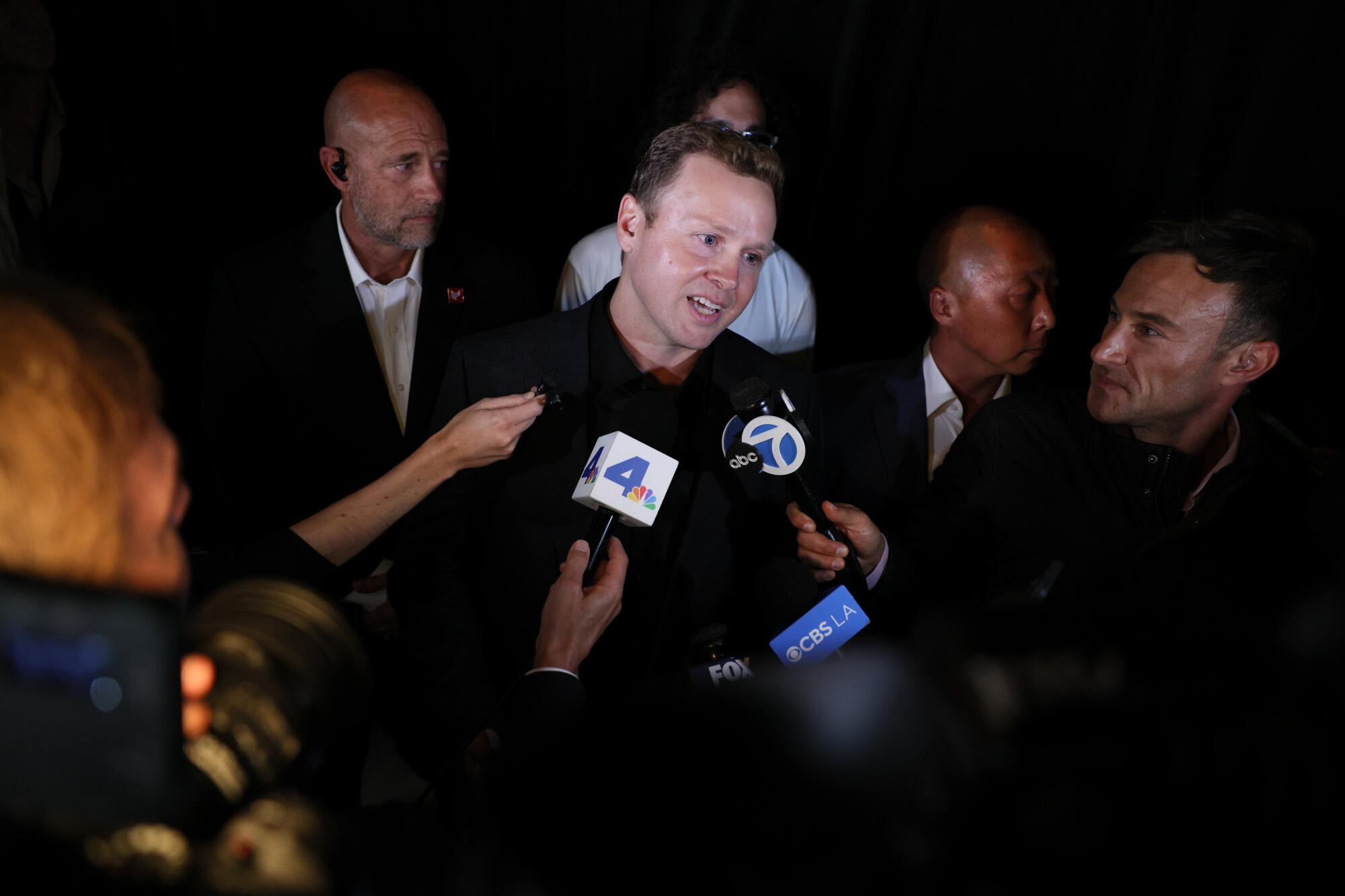 Los Angeles mayoral candidate Spencer Pratt speaks to the media outside an election night party.