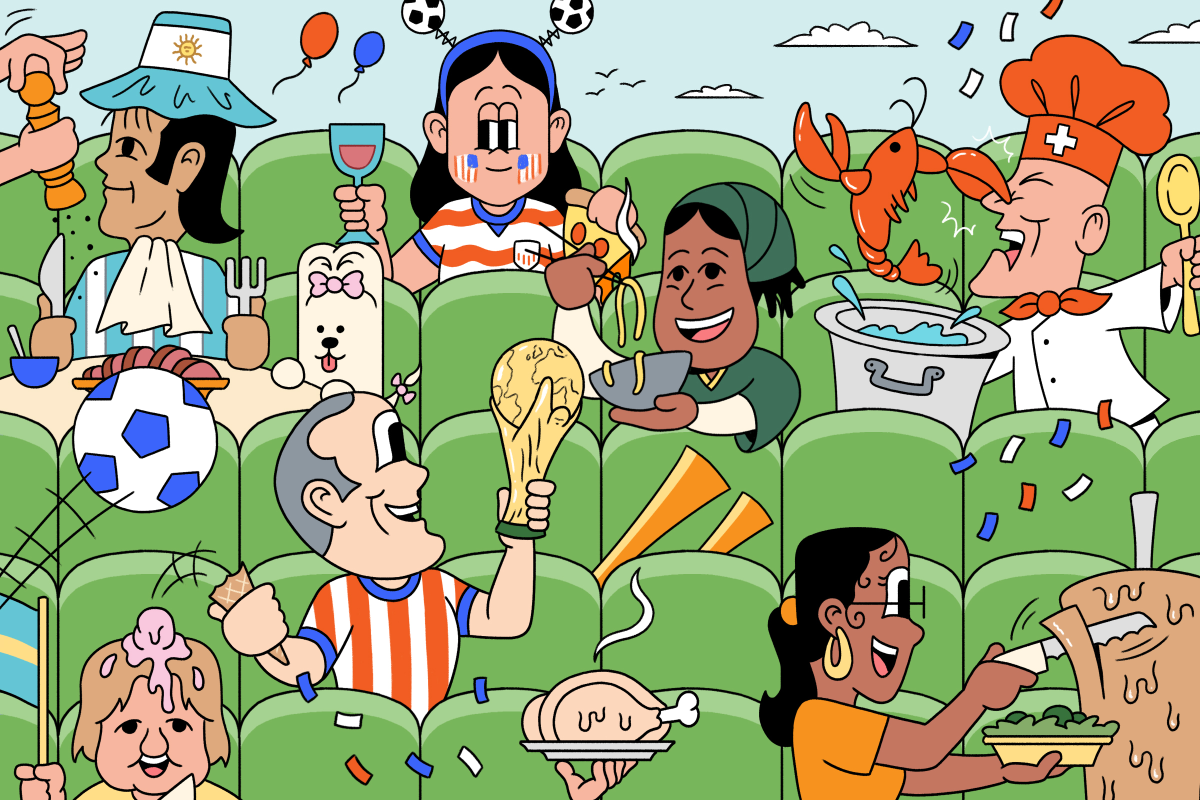 Illustrated soccer fans enjoying dishes