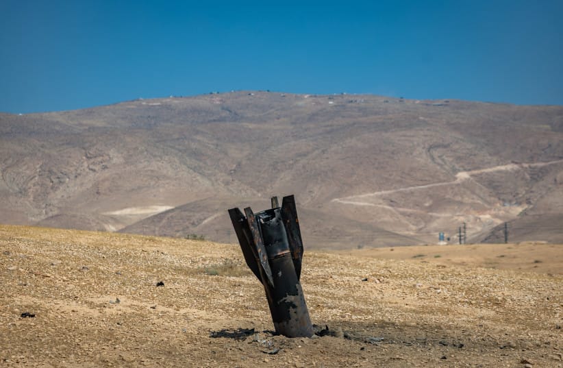 Part of an Iranian ballistic missile is seen in the desert near Vered Yeriho in the West Bank after being fired toward Israel from Iran, June 8, 2026.