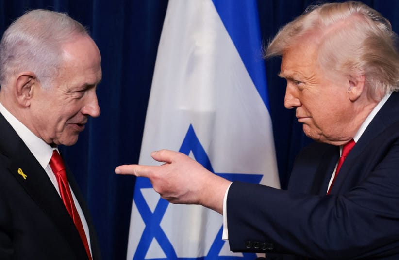 US President Donald Trump points his finger towards Israeli Prime Minister Benjamin Netanyahu during a press conference after meeting at Trump’s Mar-a-Lago club in Palm Beach, Florida, December 29, 2025.