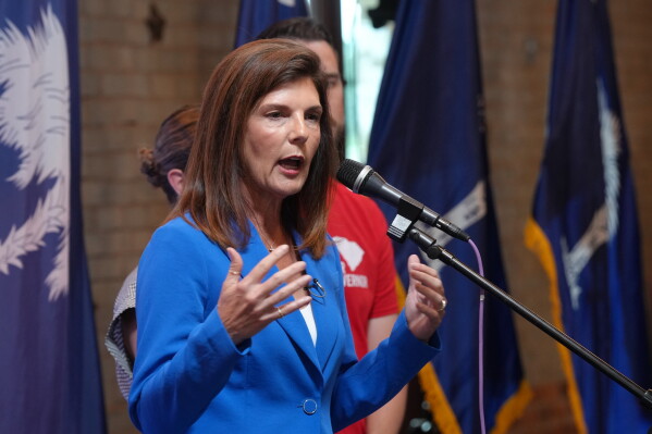 South Carolina Lt. Gov. Pamela Evette speaks during the final rally of her GOP primary campaign for governor on Monday, June 8, 2026, in Greer, S.C. (AP Photo/Meg Kinnard)